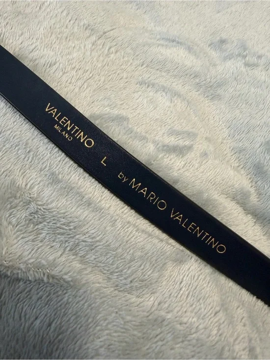 Valentino Gold V Logo Buckle Leather Belt - Black with Brown Pattern
